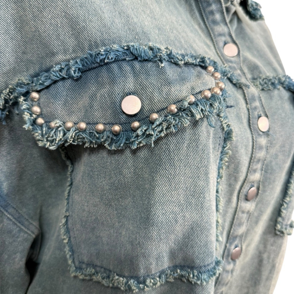 POL Frayed Denim Shacket Jacket Size L Blue Snap Front Distressed Western Style - Picture 4 of 10